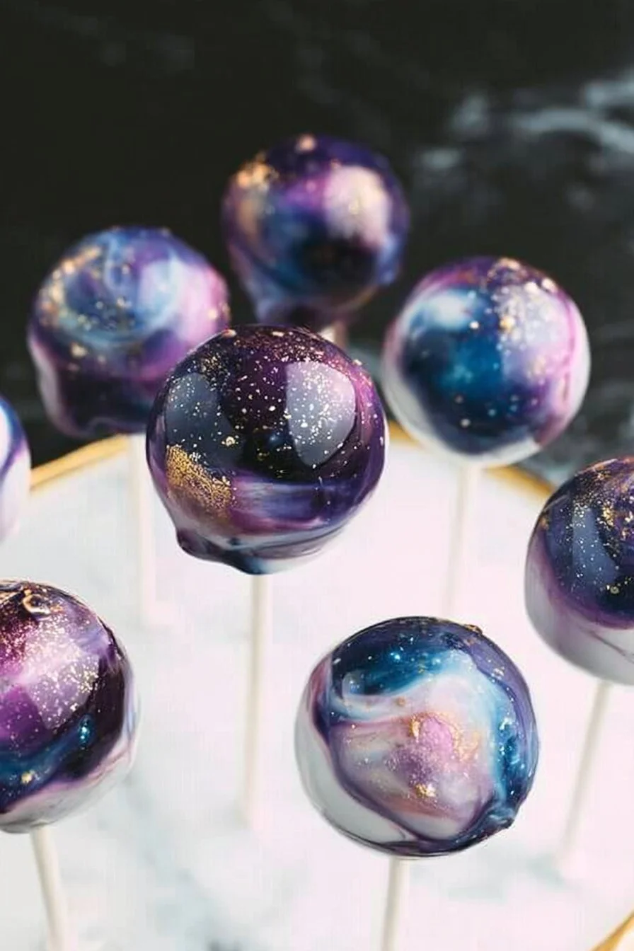 Colorful Galaxy Cake Pops with a starry theme, perfect for parties and events.