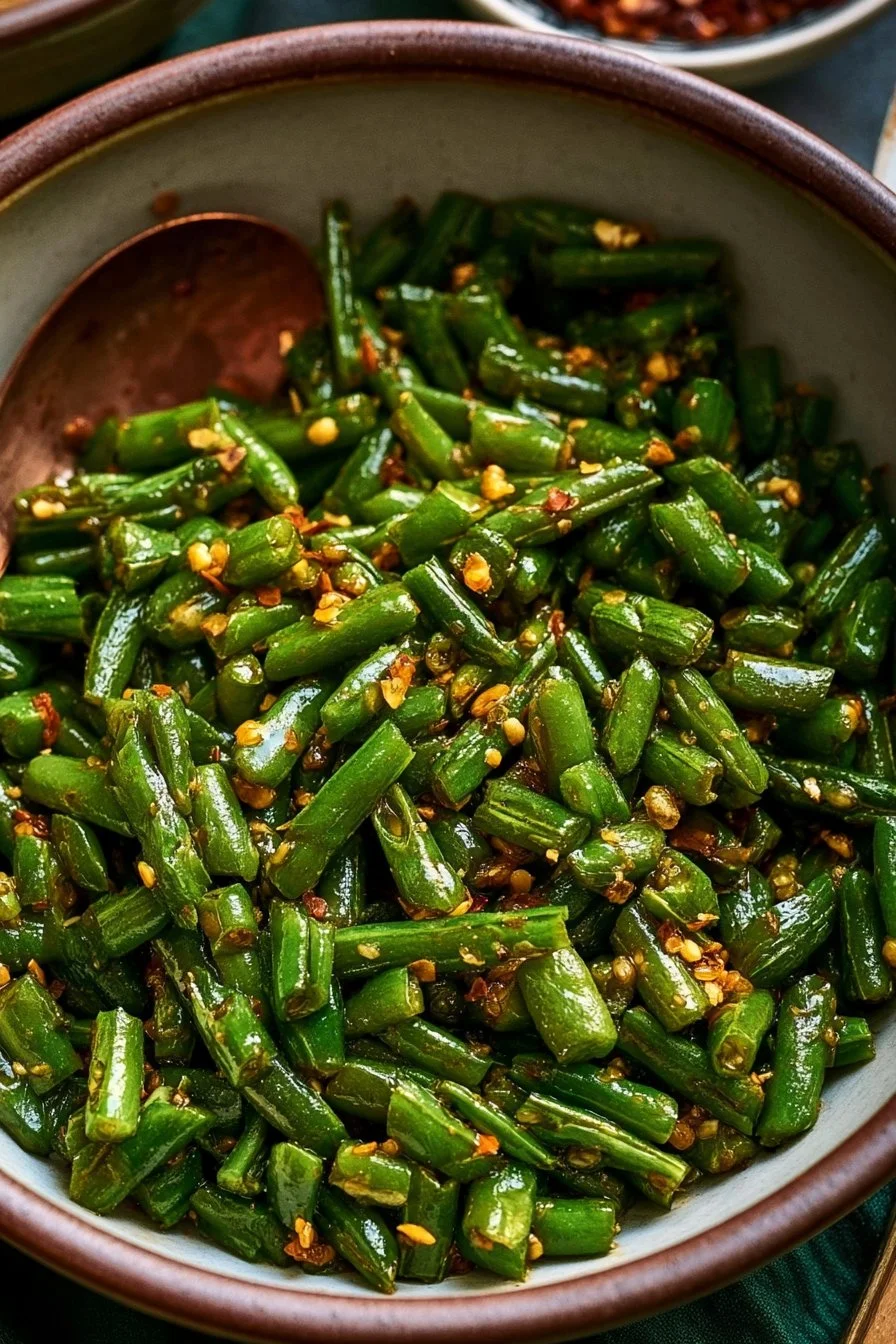 Delicious Garlic Chili Green Beans garnished and ready to serve