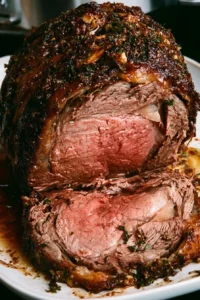 Garlic Herb Prime Rib served with sides on a festive table
