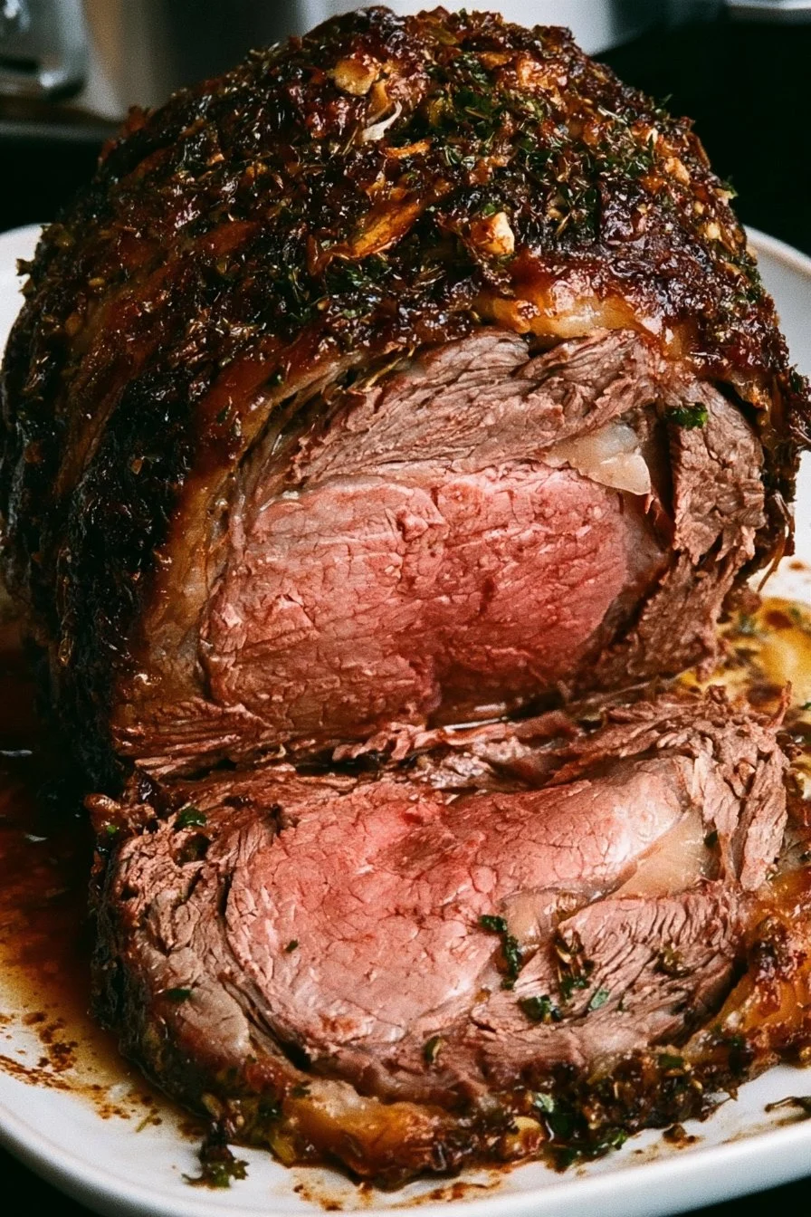 Garlic Herb Prime Rib served with sides on a festive table