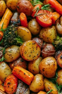 Garlic herb roasted potatoes and mixed veggies served in a bowl.