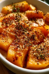 Roasted Garlic Parmesan Butternut Squash served on a plate, garnished with fresh herbs.