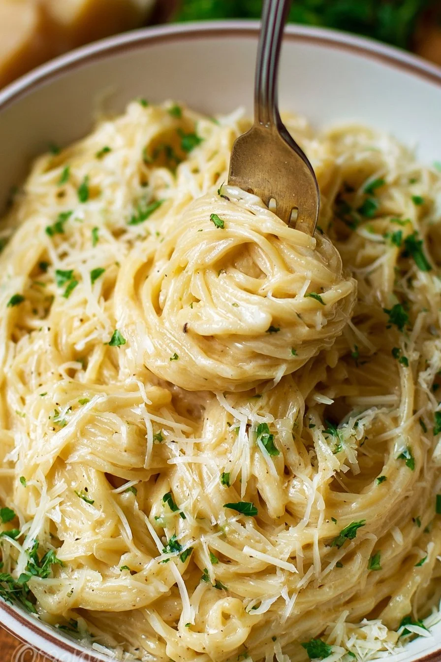 Long pasta coated in creamy sauce with cheese and herbs