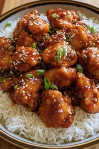 Homemade General Tso's Chicken served with rice and broccoli