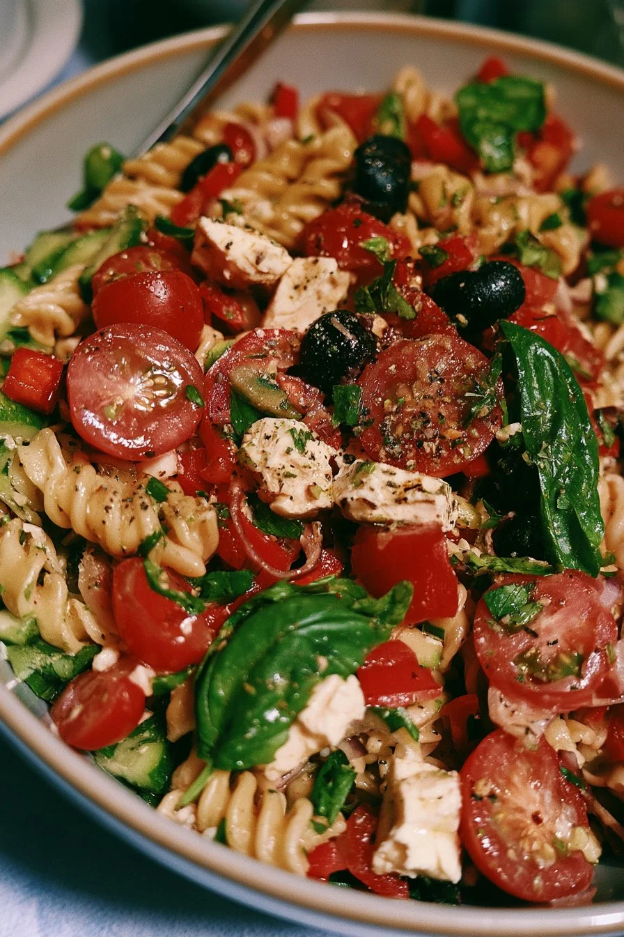 Delicious Greek Pasta Salad with olives, feta, and vibrant vegetables