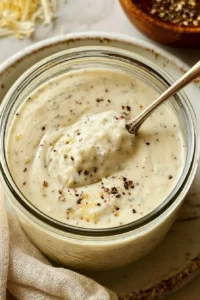 Creamy Greek yogurt Caesar dressing in a bowl with fresh ingredients