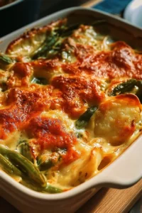 Green bean and potato casserole topped with crispy onion.