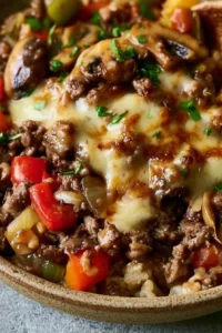 Delicious Ground Beef Philly Cheesesteak Bowl garnished with peppers and cheese