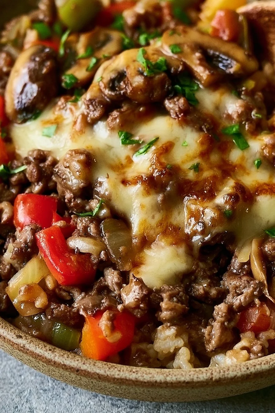 Delicious Ground Beef Philly Cheesesteak Bowl garnished with peppers and cheese