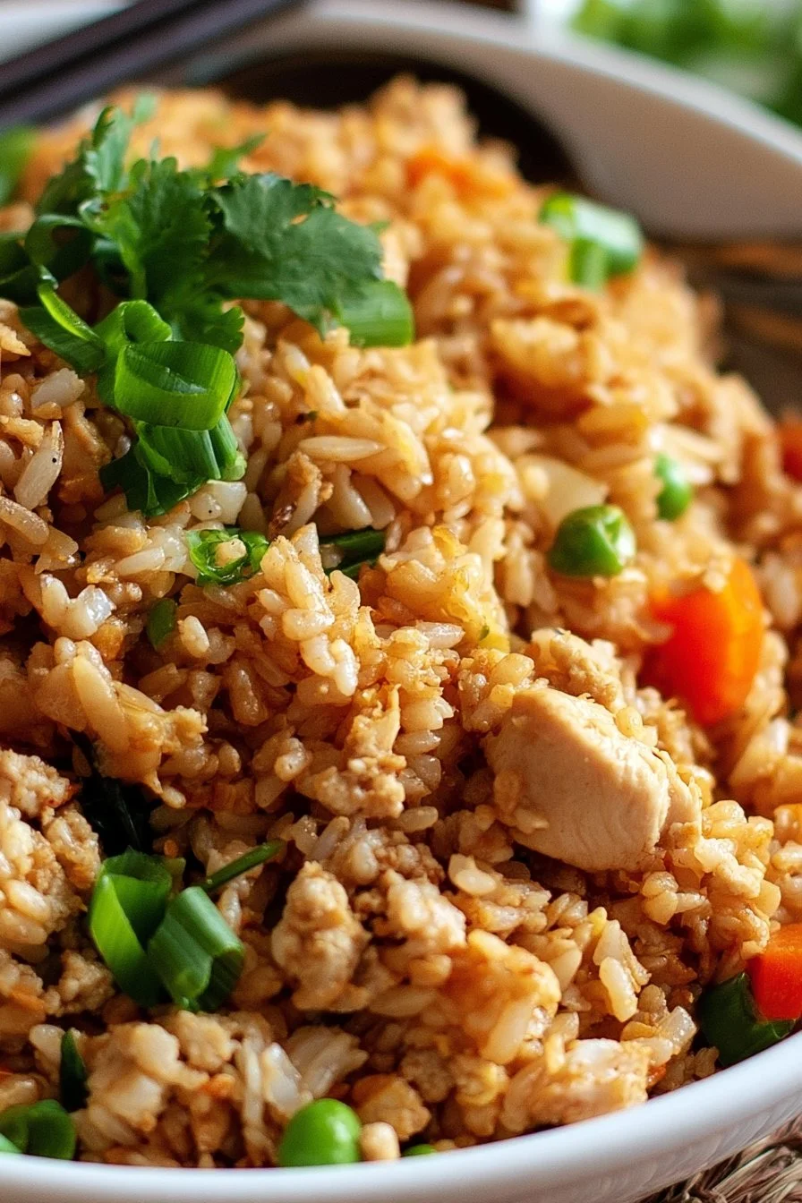 Delicious bowl of ground chicken fried rice garnished with vegetables