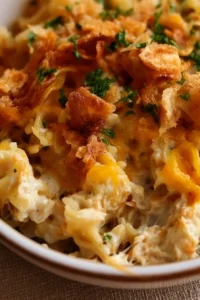 Grown Up Tuna Noodle Casserole served in a bowl with a sprinkle of parsley