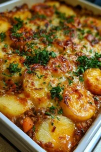 Delicious Hamburger Potato Casserole topped with cheese and baked to perfection.