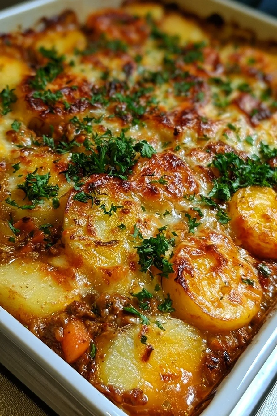 Delicious Hamburger Potato Casserole topped with cheese and baked to perfection.