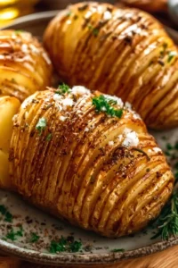 Crispy Hasselback potatoes baked with herbs and spices, served as a delicious side dish.