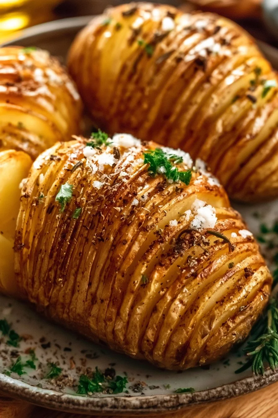 Crispy Hasselback potatoes baked with herbs and spices, served as a delicious side dish.