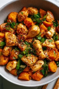 Healthy chicken sweet potato dish served on a plate with vegetables