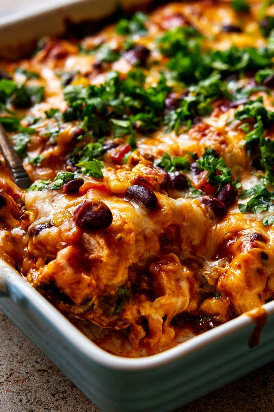Healthy chicken burrito casserole topped with cheese and fresh ingredients