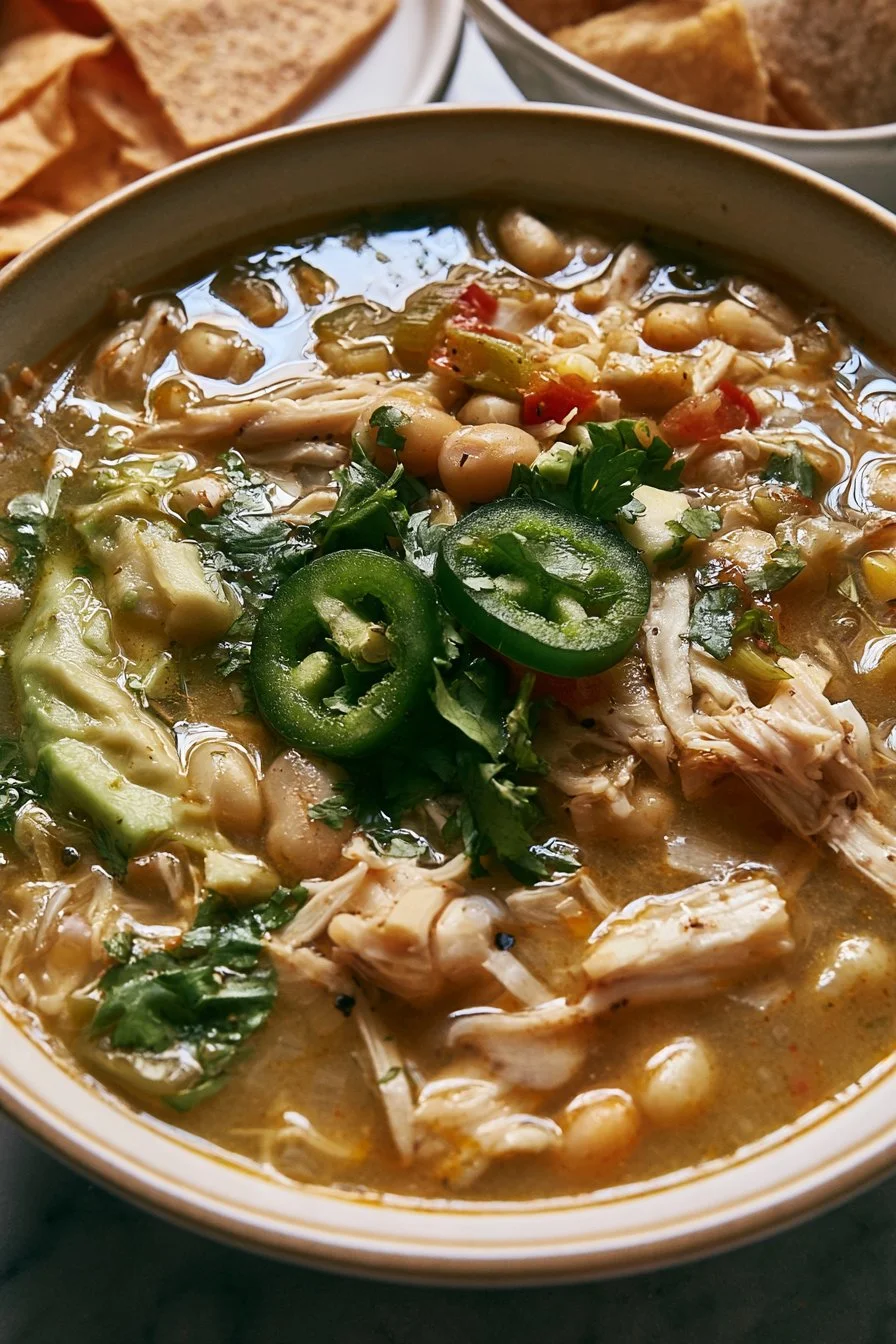 Bowl of healthy white chicken chili topped with cilantro and avocado.