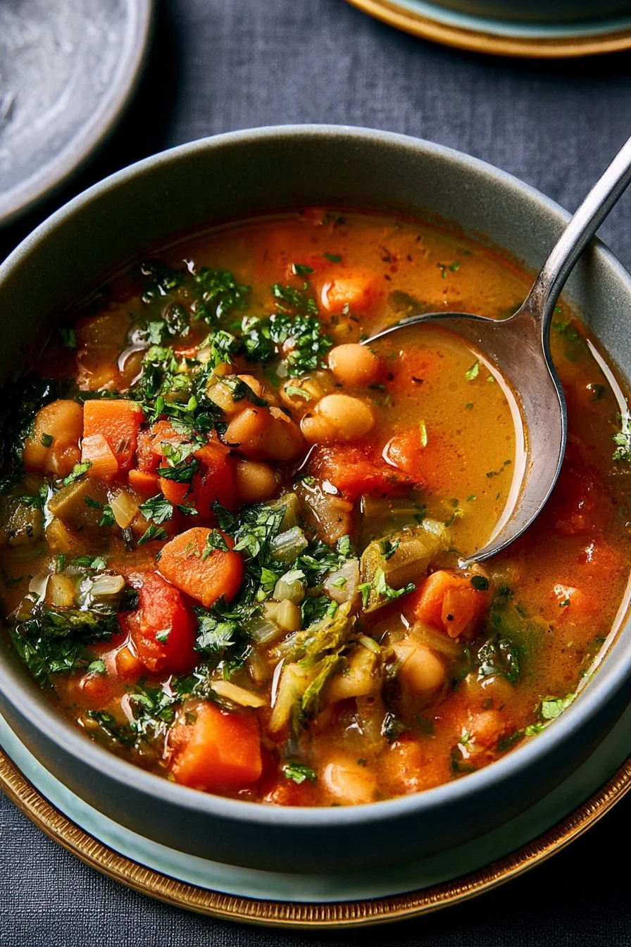 Home 13 Bowl of hearty bean vegetable soup garnished with parsley and vegetables