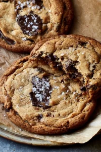 Giant crinkled chocolate chip cookies on a cooling rack