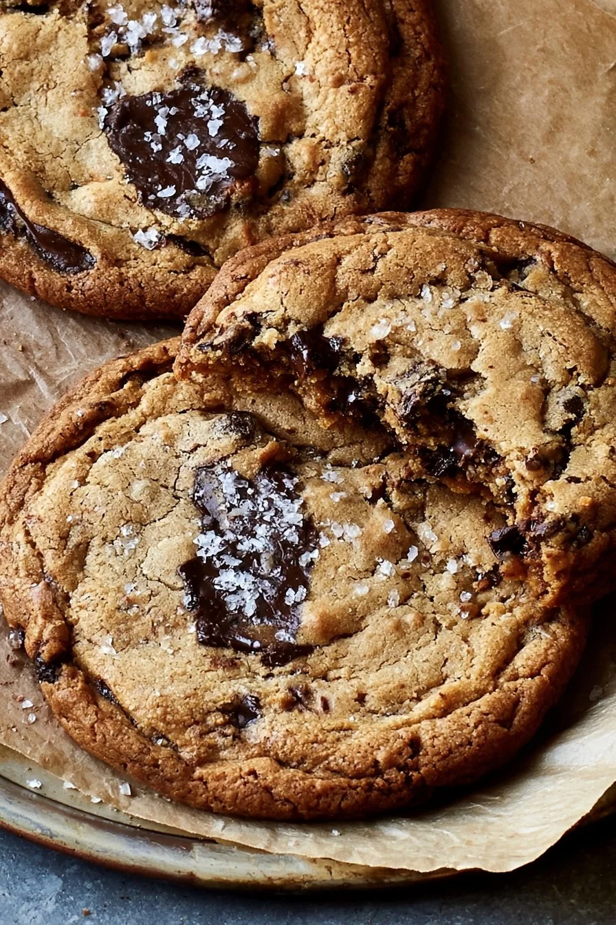 Giant crinkled chocolate chip cookies on a cooling rack