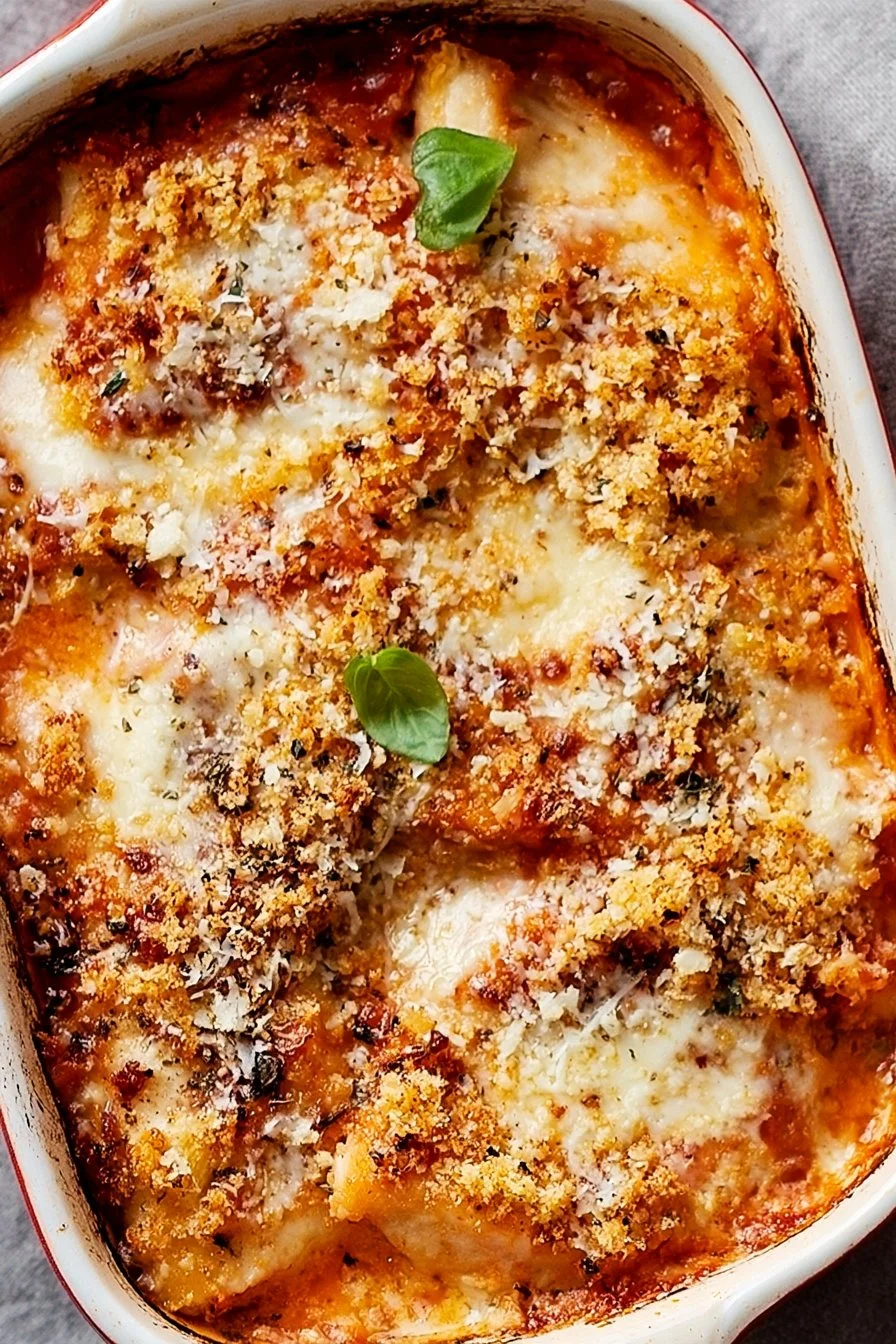High protein Chicken Parmesan casserole dish with cheese and herbs