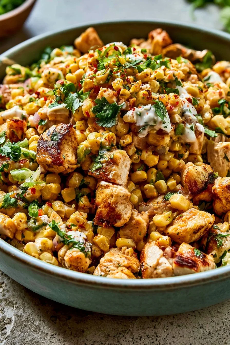 High Protein Chicken Street Corn Salad with fresh ingredients and vibrant colors