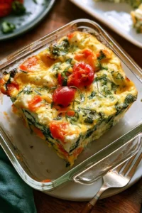 High-protein cottage cheese egg bake topped with herbs and vegetables
