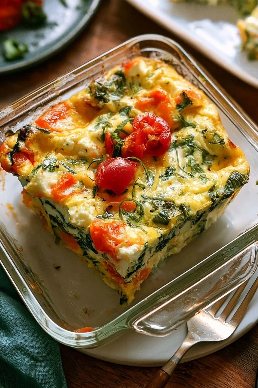 Home 49 High-protein cottage cheese egg bake topped with herbs and vegetables
