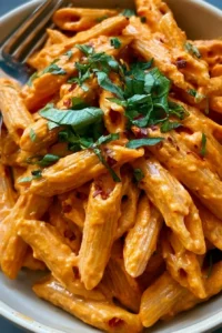 Plate of high protein creamy roasted red pepper pasta topped with herbs.