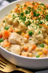 Crustless chicken pot pie with high protein ingredients in a bowl