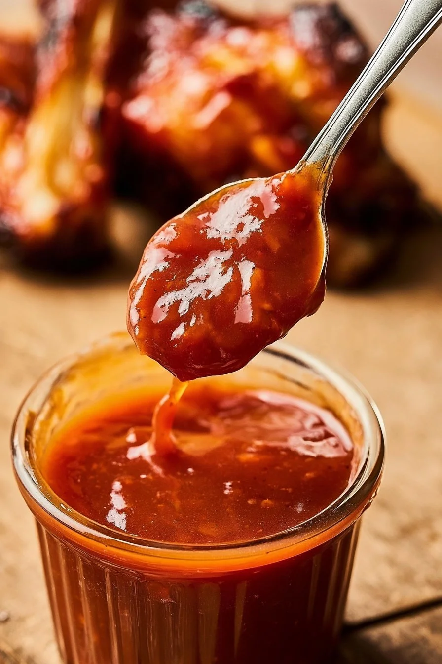 Homemade BBQ sauce drizzled over grilled meat on a plate.