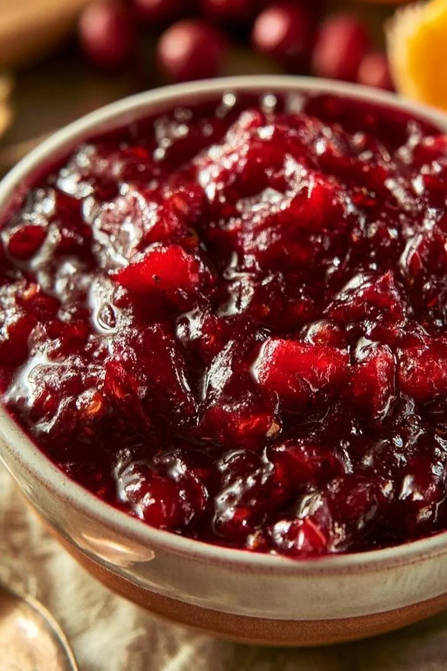 Home 32 Homemade cranberry sauce in a bowl garnished with fresh cranberries