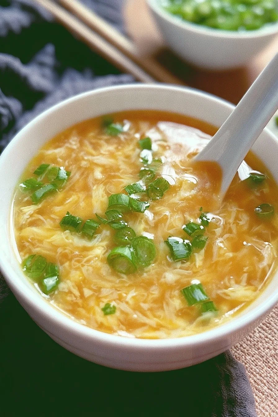 Bowl of homemade Egg Drop Soup garnished with green onions
