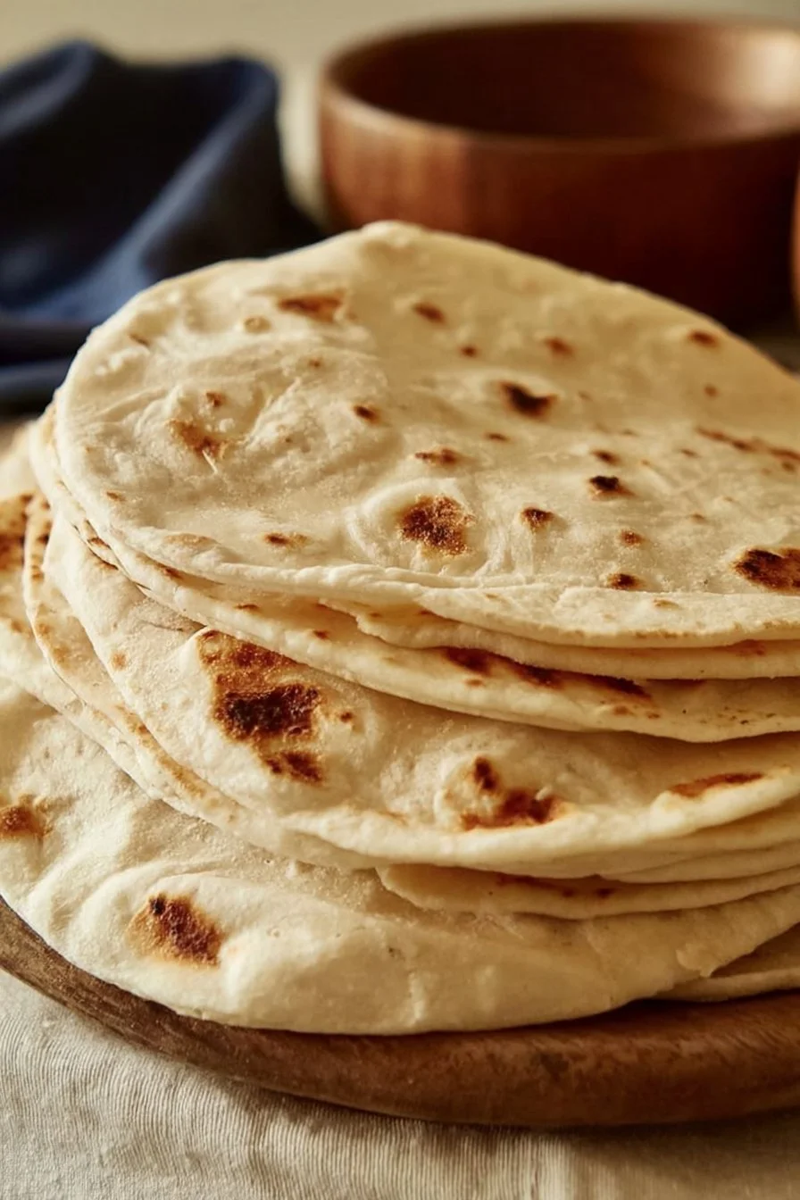 Freshly made homemade flour tortillas on a wooden surface.