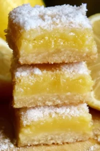 Delicious homemade lemon bars on a wooden table, garnished with lemon zest.