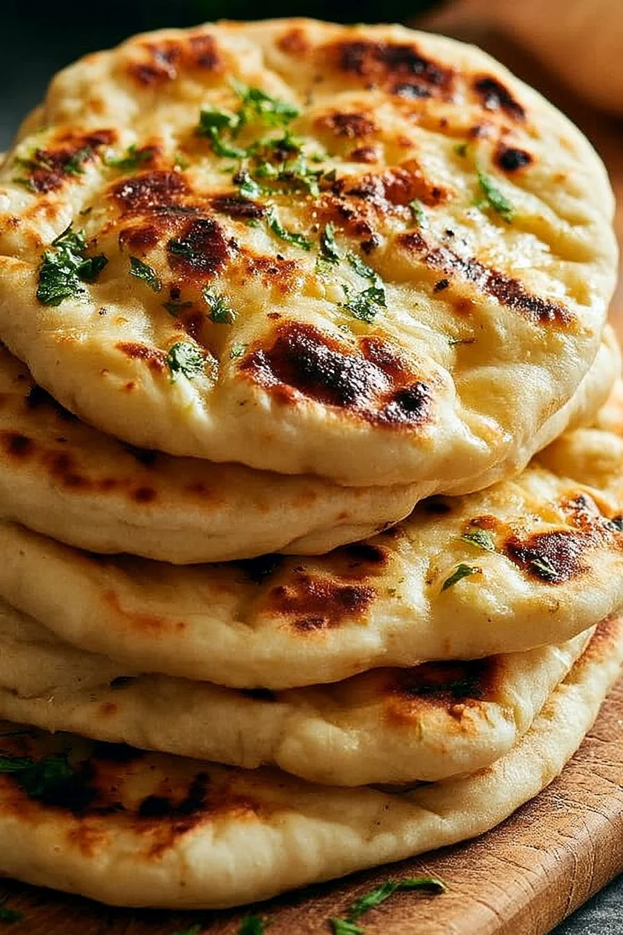 Freshly baked homemade naan bread on a wooden table