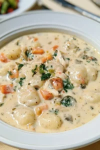 Bowl of homemade Chicken Gnocchi Soup inspired by Olive Garden.