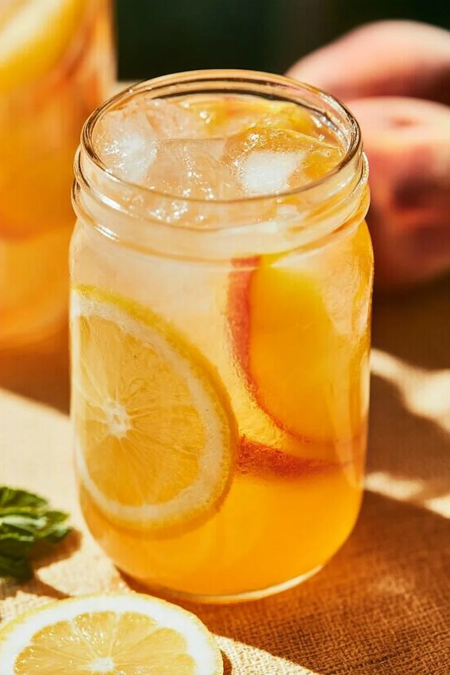 Refreshing homemade peach lemonade in a glass with fresh peaches and lemons