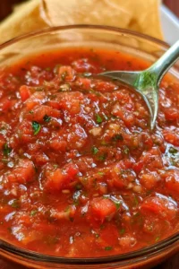 Bowl of fresh homemade salsa made with tomatoes, onions, and cilantro.