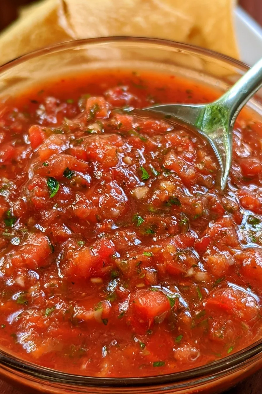 Bowl of fresh homemade salsa made with tomatoes, onions, and cilantro.