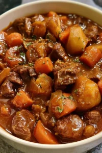 Bowl of homestyle beef stew with vegetables and herbs