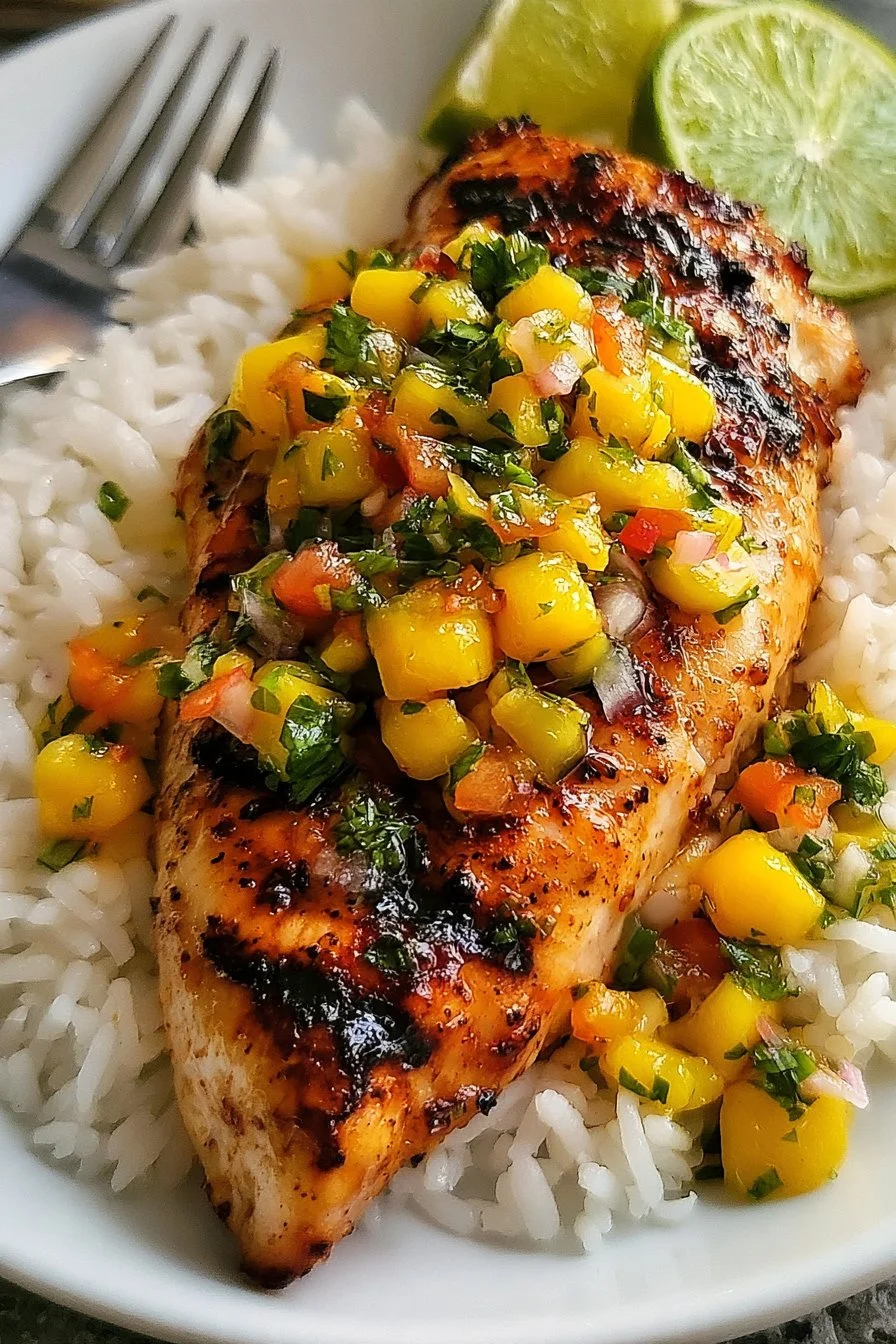 Delicious Honey Lime Chicken garnished with vibrant mango salsa