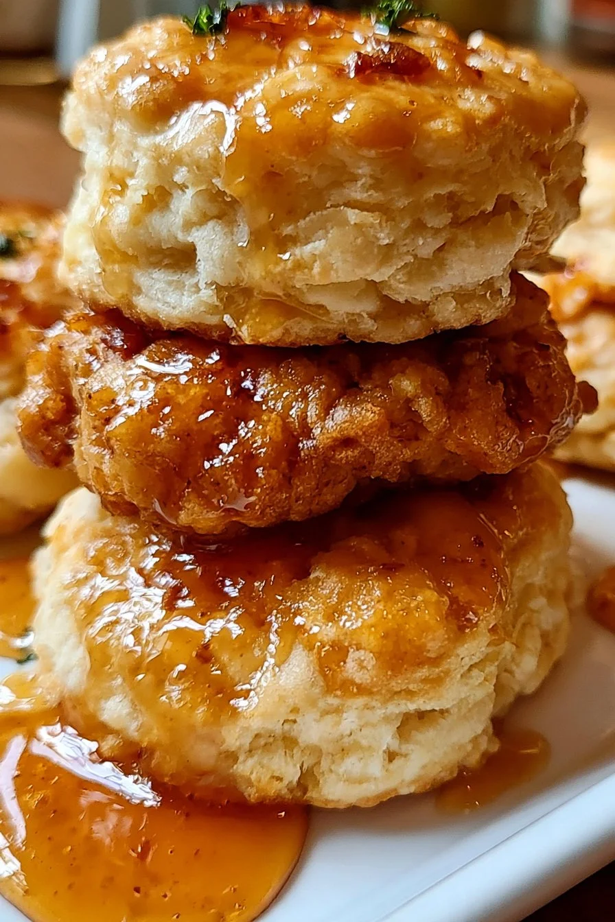 Delicious hot honey chicken biscuits served on a plate for a tasty meal.