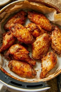 Golden chicken wings in an air fryer basket