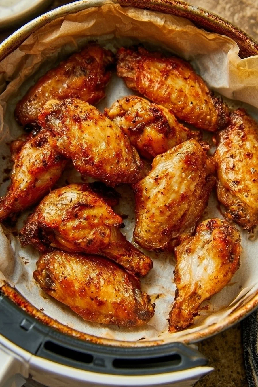 Golden chicken wings in an air fryer basket