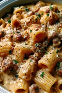 Creamy Italian sausage rigatoni topped with fresh herbs and cheese