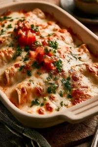 Delicious queso chicken enchiladas topped with melted cheese and fresh toppings