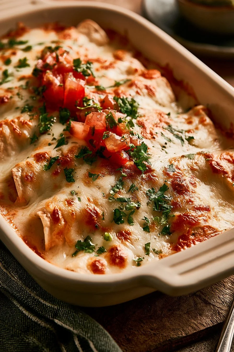 Queso Chicken Enchiladas 3 Delicious queso chicken enchiladas topped with melted cheese and fresh toppings