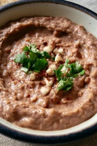 Bowl of homemade Instant Pot Mexican refried beans garnished with cilantro